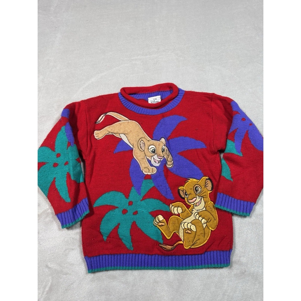 RARE Vtg Disney Store Kids Knit Sweater Lion King Nala Simba 3D Colorful 90s